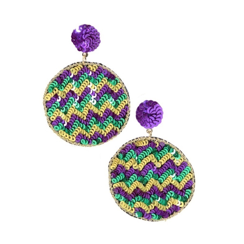 Mardi Gras Chevron Sequined Carnival Post Earrings Purple Green & Gold 5121